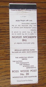 AMERICAN LEGION POST #20 MATCHBOOK COVER: WOODSVILLE, NH EMPTY MATCHCOVER -A9 - Picture 1 of 2