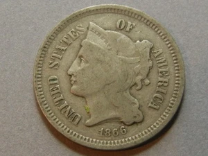 1866 nickel three cent piece coin - Picture 1 of 2
