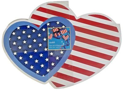 Heart Flag July 4th Placemats Red White Blue Set of 6 Vinyl Foam Back 15x20 - Image 1 of 4
