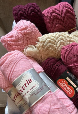 LOT OF 9 SKEINS VINTAGE PINK WOOL YARN, PLUS UNFINISHED AFGHAN STRIPS, MORE YARN - Image 1 of 4