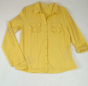 Old Navy Shirt Womens Large Yellow Button Up Top Distress Embroidery - Picture 1 of 12