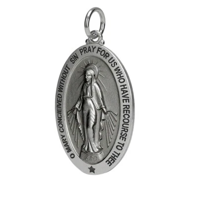 Grande Ovale 0.925 Argento Sterling Miracolosa Vergine Mary Medal Ciondolo, 28mm - Immagine 1 di 4