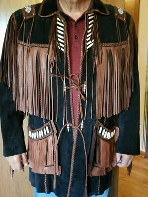 Chaqueta de gamuza de cuero negro/marrón con flecos Echo Mountain talla 44  Foto 1 de 4