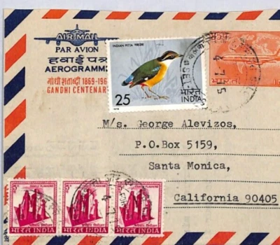 INDIA AIR LETTER Stationery *GHANDI CENTENARY* Uprated 25p BIRDS 1975 USA ZV200 - Image 1 of 4