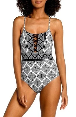 LA BLANCA Strappy Mio One Piece Swimsuit Oasis Tile Black White 16 NWT - Image 1 of 4