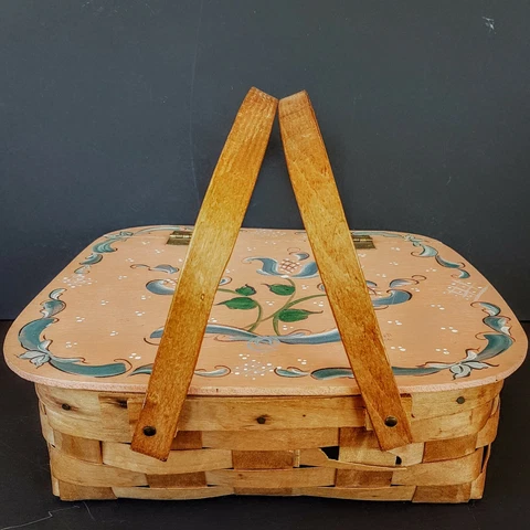 Woven Wicker Picnic Basket Folk Art Painted Flip Top 13" x 4" tall Side Handles Cover