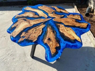 Custom Order Olive Wood Live Round Edge Blue White Ocean Sea Epoxy Table - Image 1 of 4