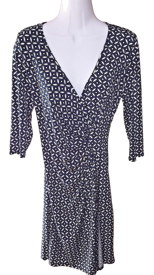 Vestido geométrico para mujer Laundry By Design azul blanco cuello en V mangas 3/4 talla 4 Foto 1 de 4