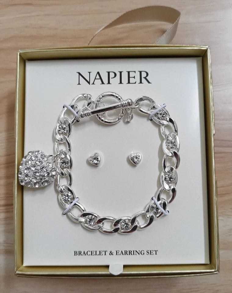 Napier Silver Tone Elevated Heart Bracelet & Stud Earrings Set