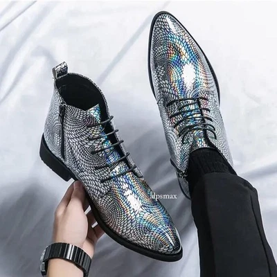 Botas al tobillo británicas para hombre con punta con cordones y cremallera zapatos informales florales de club nocturno Foto 1 de 4