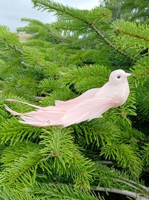 Pink Christmas Tree Decorations Gisela Graham Bird Clip on Glitter & Feather x 2 - Image 1 of 2