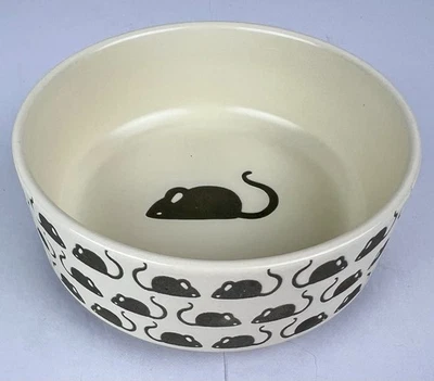 Whisker City Kitty Cat Bowl Matte Cream Grey Mouse Pattern Ceramic Dish - Image 1 of 4