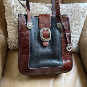 Brighton Handtasche Geldbeutel schwarz Leder & braun Krokodil silber Schnallen & Akzente - Bild 1 von 17