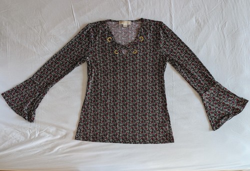 Top donna Michael Kors floreale stringato taglia small manica lunga con svasatura a campana