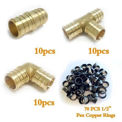 EFIELD 100PCS 1/2" Pex Brass Fittings,Coupler,Elbow ,Tee(10/Ea), Copper Ring(70) - Image 1 of 4