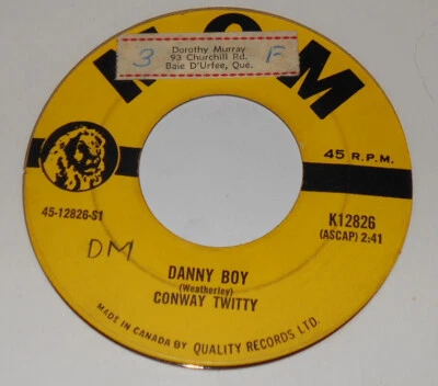 MGM K12826 Conway Twitty Danny Boy / Halfway To Heaven 45 RPM Canada Pressing - Image 1 of 2