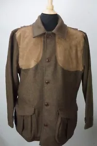 Filson Olive Green Tweed Shooting Hunting Suede Shoulder Belted Coat Sz L - Picture 1 of 7