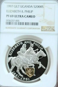 1997 UGANDA SILVER 2000 SHILLINGS ELIZABETH & PHILIP NGC PF 69 ULTRA CAMEO TOP - Picture 1 of 4