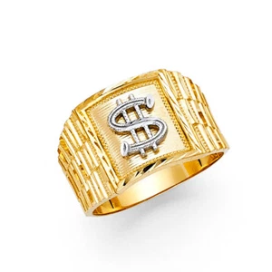 Mens 14k Yellow White Real Gold Dollar Symbol $ Sign Lucky Fashion Ring Band - Picture 1 of 1