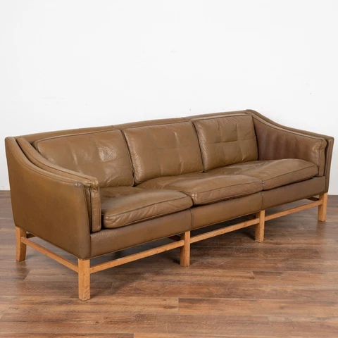 Mid-Century Brown Leather Three Seat Sofa, Denmark circa 1960-70 Cover