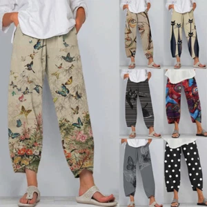 Womens Summer Floral Printed Elastic Waist Casual Loose Trousers Wide Leg Pants⭐ - Picture 1 of 31