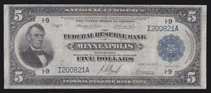 US 1918 $5 FRBN Minneapolis District Note FR 799 VF (-821) - Picture 1 of 2