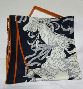 Hermes Le Sacre des Saisons scarf 90 Silk New Box Blue Orange W/Tags Box Unused. - Picture 1 of 3