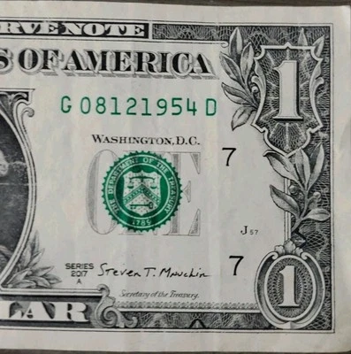 08/12/ 1954 $ 1 Dollar Bill Fancy Serial Numbers Birthday Note - Image 1 of 3