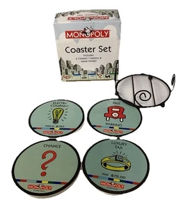 MONOPOLY GAME Set Of 4 Ceramic & Cork Drink Coasters Metal Holder NEW - Picture 1 of 2
