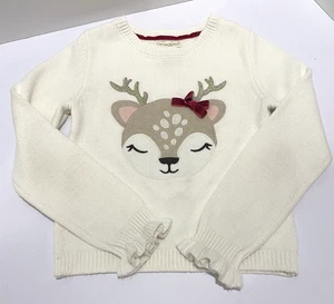 Cynthia Rowley Girls Size S(5/6) Ivory Sweater Reindeer Face Bow Antlers Holiday - Picture 1 of 8