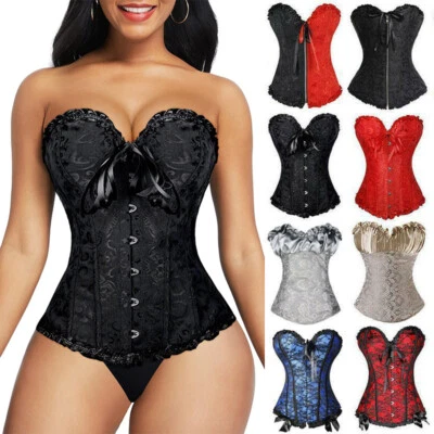 Women Lace Up Overbust Boned Corset Bustier Burlesque Tops Waist Shaper Size6-24 - Image 1 of 4