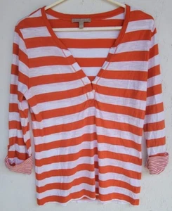 Banana Republic Women's Top Size S Orange White Stripes 3/4 Sleeve V-Neck Knit - Picture 1 of 7
