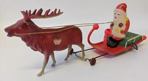 RARE Pre-WWII Wind-up Celluloid Santa with Sleigh & Reindeer - Picture 1 of 5