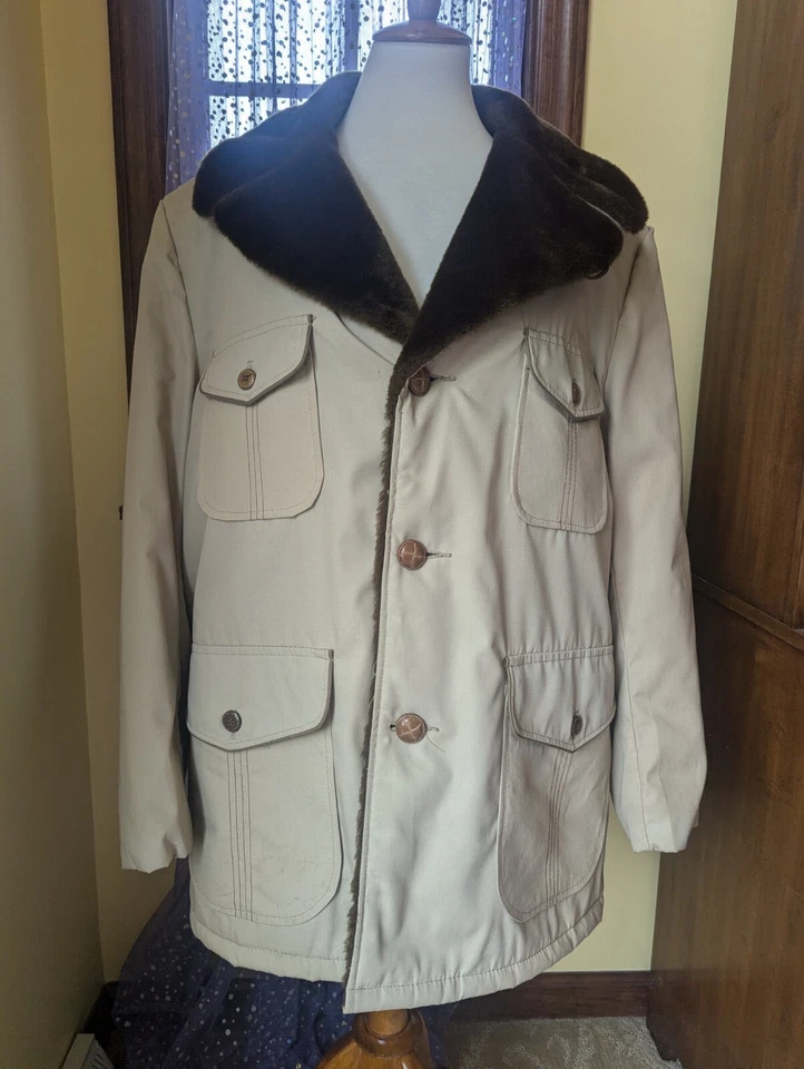 Vintage 70's Montgomery Ward Men's Jacket Tan Brown Faux Fur Collar Sz 46 Large  - Image 1 of 4