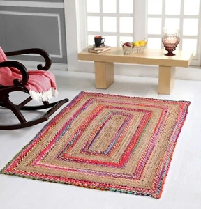 Rug Jute Braided Rectangle Handmade Runners Farmhouse Area Rug Living Room Mat - Picture 1 of 8