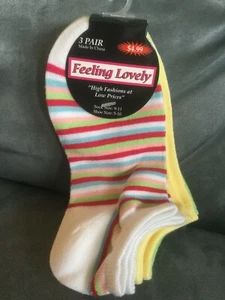 FEELING LOVELY 3 PAIR LADIES SOCKS WHITE STRIPED, YELLOW & GREEN SOLID FITS 9-11 - Picture 1 of 3