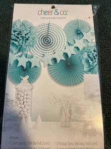 Cheer & Co. Teal 7 Piece Party Decoration Kit Birthday Paper Pom Poms Fans Plus - Picture 1 of 5