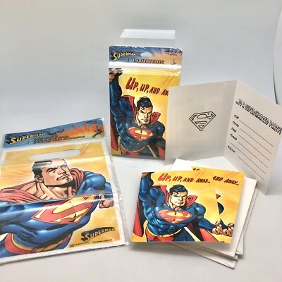 17 invitaciones de fiesta de cumpleaños de Superman 15 sobres, 8 bolsas de favoritos nuevas Foto 1 de 4
