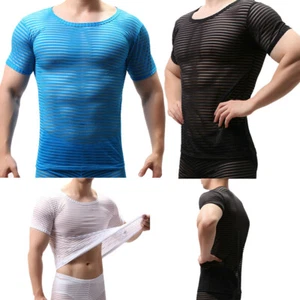 Sexy Camiseta para Hombre Mangas Cortas Malla a Rayas Ver a Trayas Prendas para el torso Mangas Cortas - Imagen 1 de 15