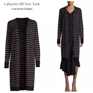 Lafayette 148 Silk Blend Long Sleeve Navy Blue Striped Mid Length Cardigan Sz L - Picture 1 of 11