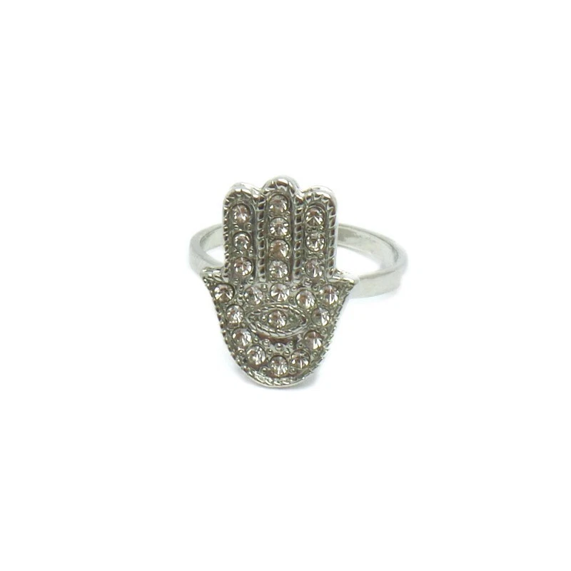 Anello Donna Mano Fatima Khamsa Brillantini Strass Occhio Etnico tono Argento - Immagine 1 di 4