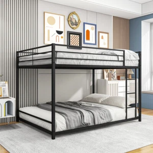 Metal Bunk Bed Frame Full Over Full Beds w/ Ladder & Guardrail for Kids Bedroom - Picture 1 of 8