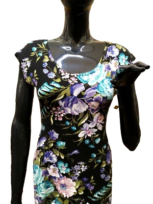 80s New Wave Dress S JAY JACOBS Chiffon Floral Stretch CUB WEAR Hip Hop Style - Image 1 of 4