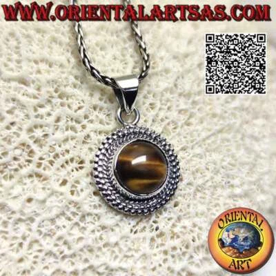 Ciondolo in argento 925‰ occhio di tigre tondo cabochon contornato da doppia fil - Immagine 1 di 4