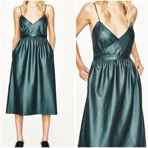 Zara Women Size S Green Faux Leather Spagetti Strap Dress Pockets 3519/006 NWT - Picture 1 of 17