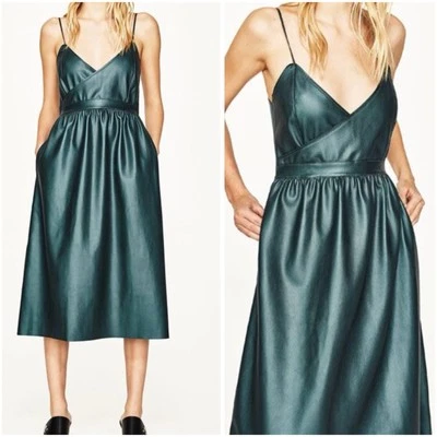 Zara Women Size S Green Faux Leather Spagetti Strap Dress Pockets 3519/006 NWT - Image 1 of 4
