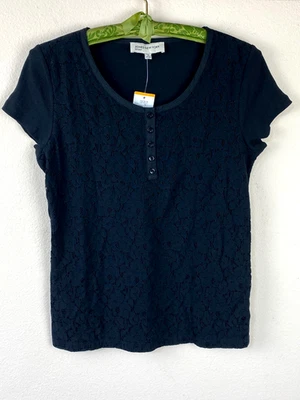 JONES NEW YORK Sports Black Lace Henley Top Sm 100% Cotton T-Shirt Short Sleeve - Image 1 of 4