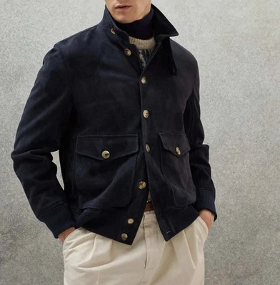 Men's Suede Bomber Jacket Navy Blue Button Front Flap Pockets Casual Smart Coat - Image 1 of 4