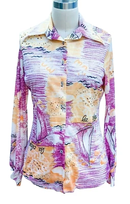 Винтажный 1970-х диско рубашка La Plage нейлона парусник печать оранжевый фиолетовый ретро блузка S - Изображение 1 из 4