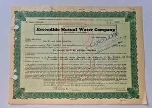 Escondido Mutual Water stock 400 shares dated Sep. 11, 1947, with autographs - Picture 1 of 2